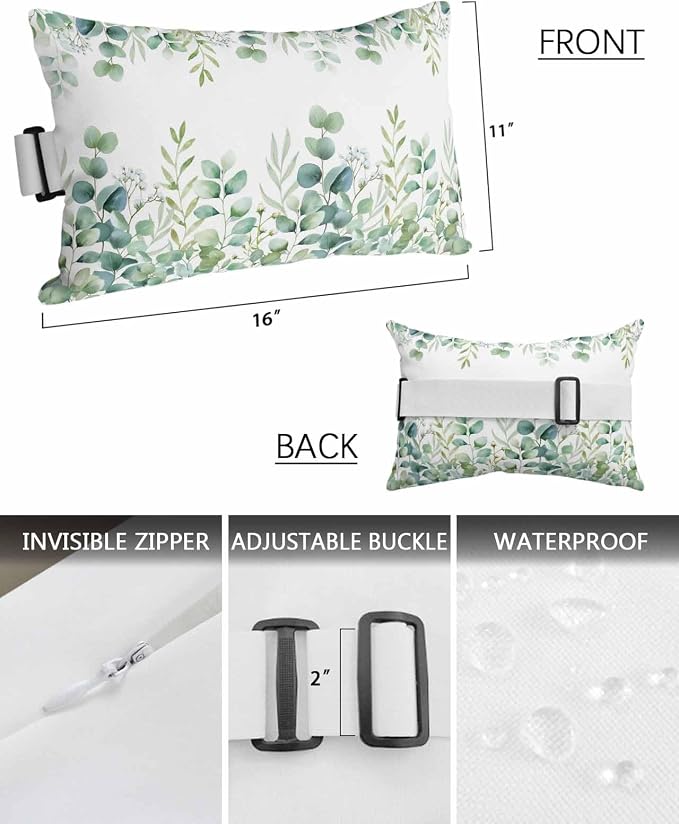 Green Eucalyptus Leaves Outdoor Pillows with Insert 11x16 Inch Watercolor Spring Botanical Waterproof Headrest Pillows with Adjustable Strap Lounger Chair Throw for Patio Furnitures, 1 Pack