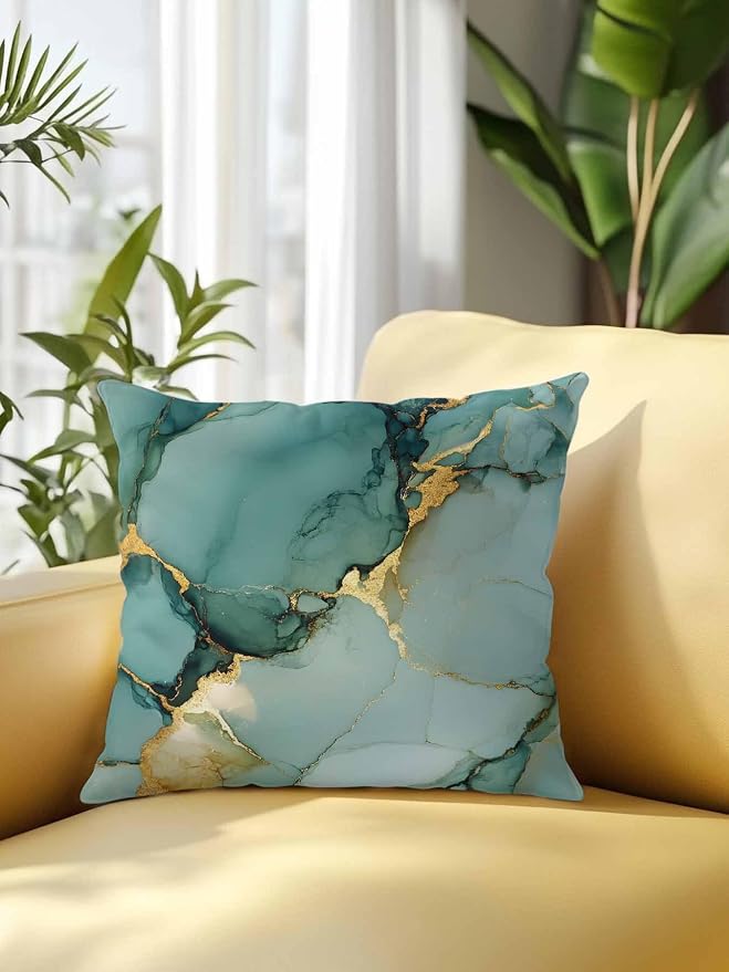 1 Pack Outdoor Throw Pillow, Teal Ombre Marble Waterproof Pillow with Insert Included, Modern Ink Painting Abstract Decorative Accent Cushion Sofa Pillows for Patio Porch, 16 x 16 in