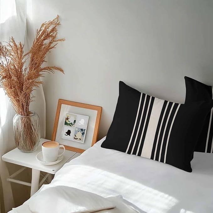 Lumbar Pillow Covers 20x12 Inch Set of 2, Black Beige Striped Waterproof Outdoor Cushion Covers, Modern Farmhouse Retro Lines Decorative Pillowcases for Couch, Sofa, Bed, Garden, Patio