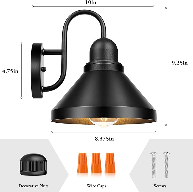 Gooseneck Outdoor Light Fixtures, 2-Pack Farmhouse Barn Lights for Porch, Industrial Black Exterior Wall Sconce for Garage, Patio, E26 Base Anti-Rust, Bulb not Included