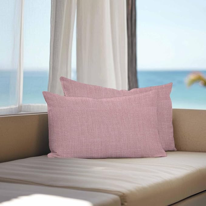 Vandarllin Outdoor Throw Pillows Covers 20x12 inch Set of 2 Waterproof Pink Linen Decorative Zippered Cushion Covers for Patio Furniture, Farmhouse Pure Color Lumbar Pillowcases