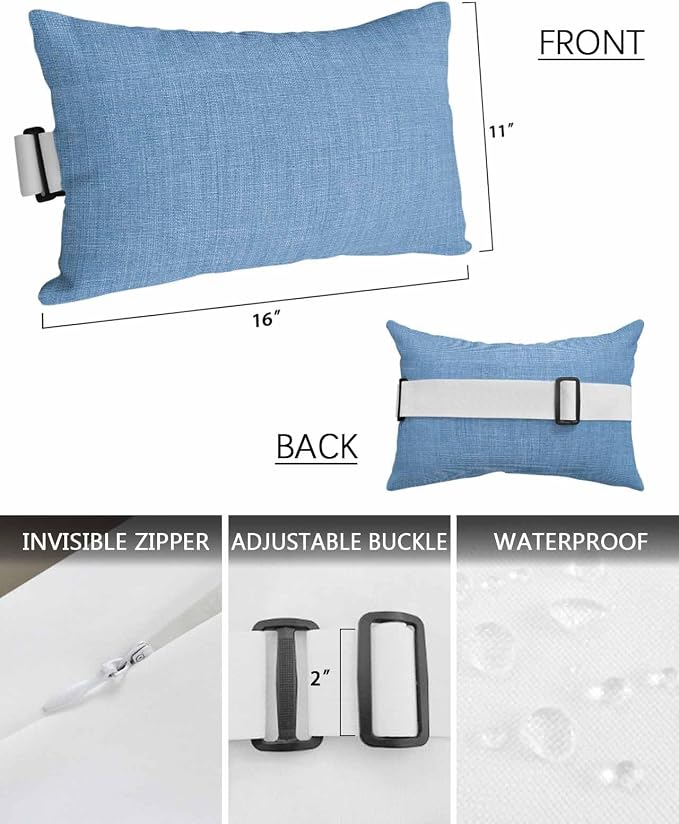 Outdoor Pillow for Chaise Lounge Chair Blue Rustic Vintage Burlap Texture Outdoor Pillows Waterproof with Adjustable Strap Headrest Lumbar Pillows for Garden Patio Furniture 2 Pack 11" x 16"