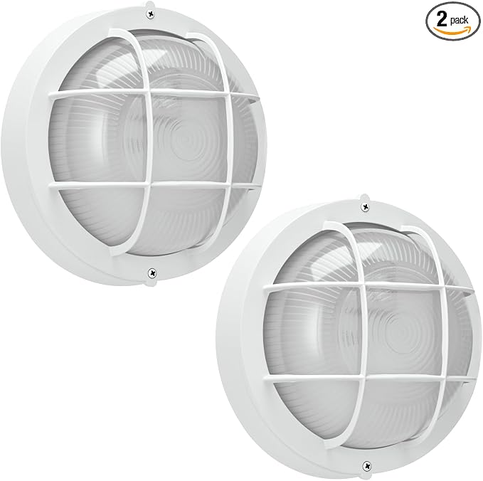 8"Outdoor Bulkhead Light, White Round Exterior Bulkhead Wall Light Fixture, Nautical Bulkhead Sconce lighting, Waterproof Sauna Light, Wall/Ceiling Flush Mount, Aluminum & Glass, E26 60W, 2 Pack