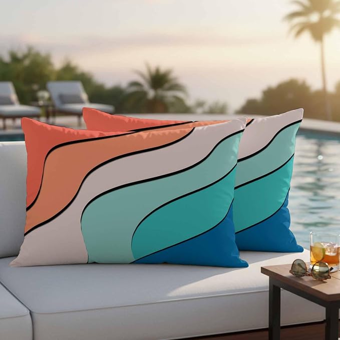 Orange Teal Ombre Outdoor Pillow Covers 20x12 Inch Lumbar Pillow Covers Set of 2 Waterproof Decorative Throw Pillow Cases Modern Moire Abstract Art Cushion Covers for Patio Furniture Garden Couch Sofa