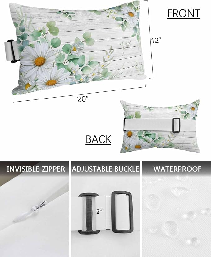 Daisy Eucalyptus Leaves Outdoor Pillows with Insert 12x20 Inch Floral Spring White Wood Grain Waterproof Headrest Pillows with Adjustable Strap Lounger Chair Throw for Patio Furnitures, 1 Pack