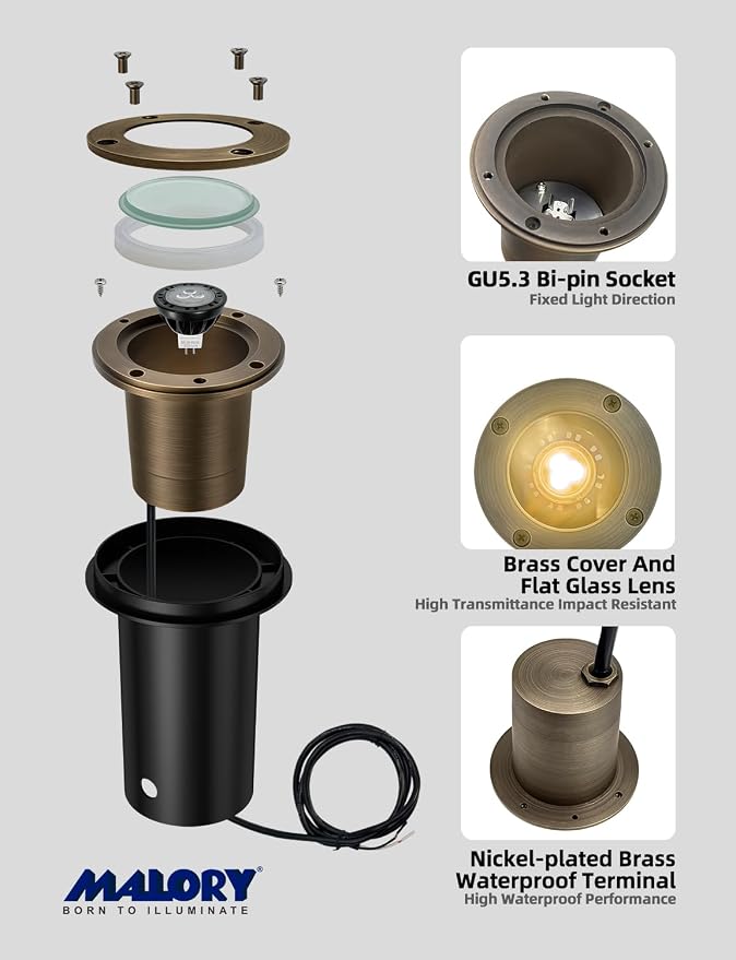 MALORY Brass Landscape Well Lights,(φ99 mm) 12V Low Voltage Outdoor In Ground Lights,Landscape Lighting for Pathway, Driveway and Garden (Full Brass -01A, 1-Pack with Bulb)