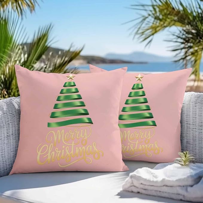 Pink Christmas Tree Outdoor Pillow Covers 26 x 26 Inches, Green Xmas Tree with Star Waterproof Throw Pillow Cover Set of 2, Christmas Pink Decorative Square Cushion Covers for Patio/Couch