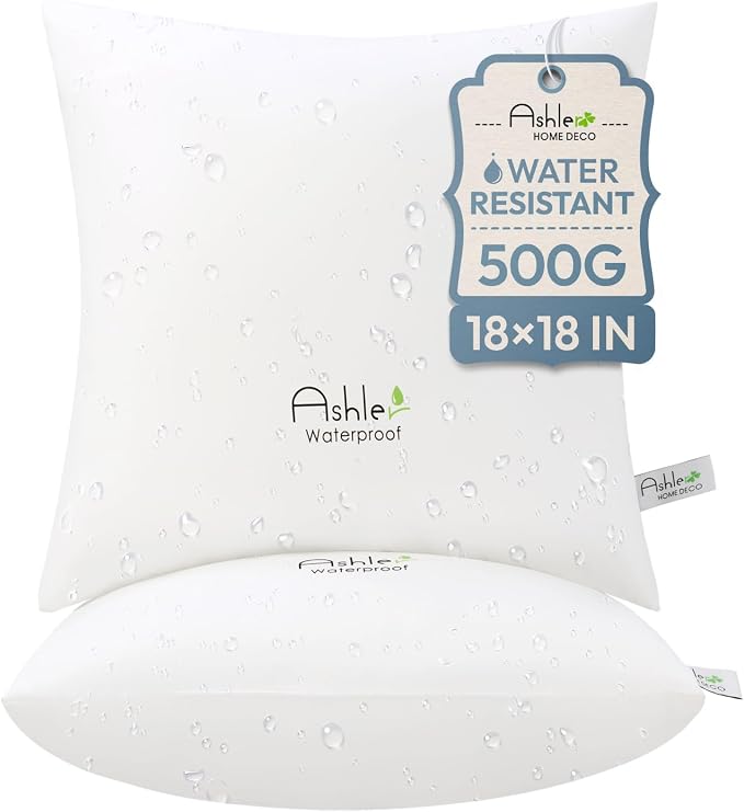 Ashler 18 x 18 Set of 2, Waterproof Outdoor Throw Pillow Inserts | Water Resistant, Hypoallergenic, Decorative for Garden, Sham Square Pillow Insert, Waterproof for Sofa Couch