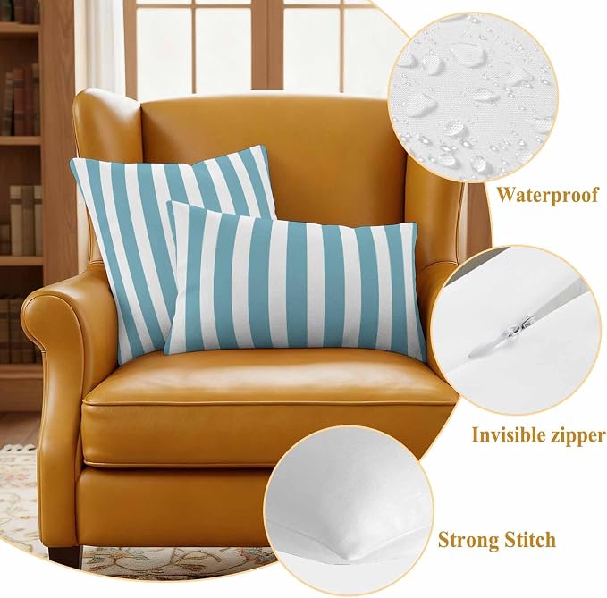 Aqua Striped Outdoor Waterproof Throw Pillow Covers 20x12 Set of 2, Modern Farmhouse Blue White Stripes Decorative Pillowcases Cushion Pillowcase for Couch Sofa Patio Outside Pillow Protector