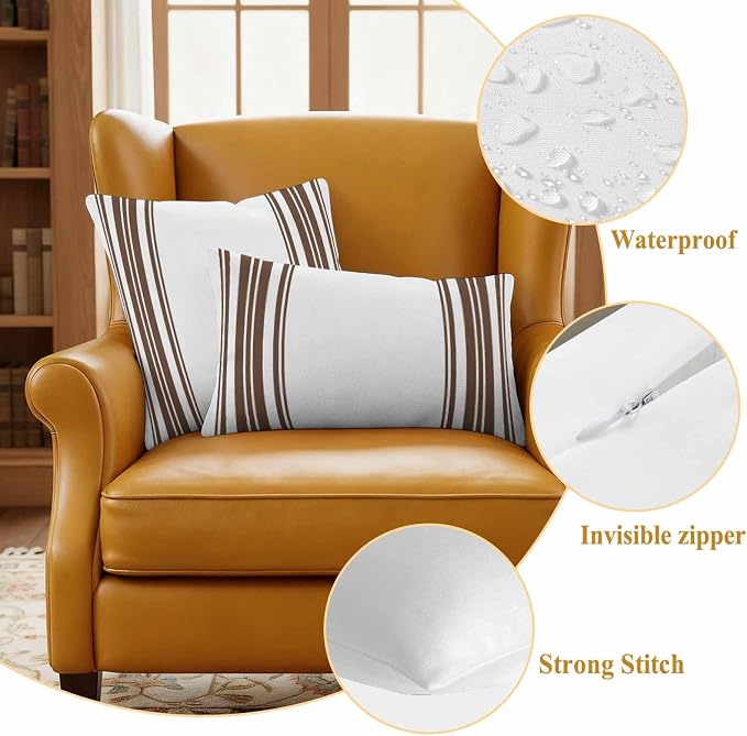 Outdoor Waterproof Throw Pillow Covers Set of 2 Brown Stripes Pillowcases 16x16 Inches White Vertical Striped Decorative Pillows Cushion Case Patio Pillows for Couch Bed Chair Garden