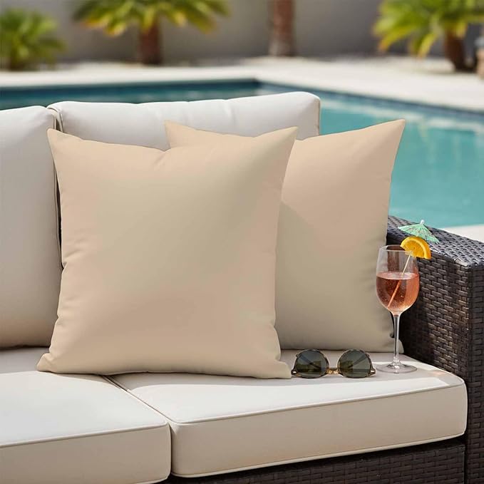 Outdoor Pillow Covers 18 x 18 Inches, Khaki Solid Color Waterproof Throw Pillow Cover Set of 2, Aesthetics Contemporary Luxury Decorative Square Cushion Covers for Patio/Couch/Garden
