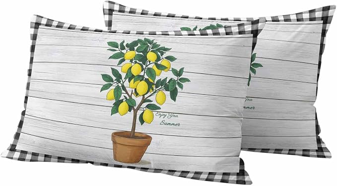 Summer Yellow Lemons Outdoor Waterproof Pillow Covers Set of 2, Green Leaf Botanical Gardens Wood Grain Plaid Pillowcase Decorative Throw Cushion Cases for Patio Garden Couch 20 x 12 Inches