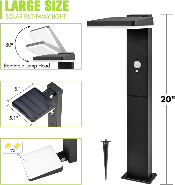 Solar Pathway Lights Outdoor Waterproof, Motion Sensor Lights | Aluminum, 20" Tall, 600LM Super Bright, Adjustable Head, Dusk to Dawn 12+ Hour Battery Life, Suitable for Lawns or Concrete