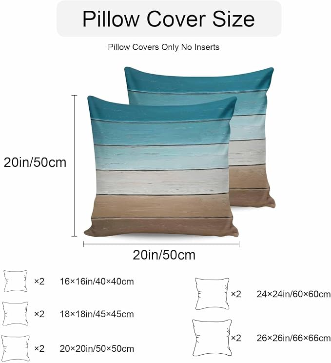 Turquoise Brown Outdoor Pillow Covers 26x26 Inch Throw Pillow Covers Set of 2 Waterproof Decorative Pillow Cases Farmhouse Retro Wooden Grain Striped Cushion Covers for Patio Furniture Garden Couch