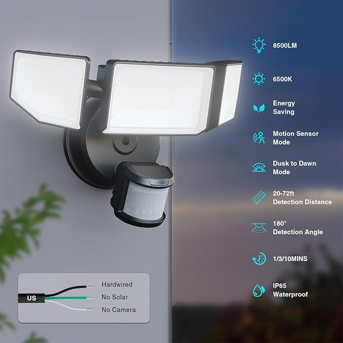 85W Motion Sensor Outdoor Light, 8500LM Ultra-Bright LED Security Light with 3 Adjustable Heads, IP65 Waterproof Dusk to Dawn Flood Light for Garage, Yard, and Driveway, 6500K Daylight, Black