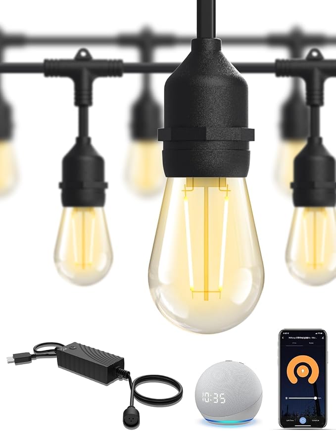XMCOSY+ Outdoor String Lights, 49FT Smart Dimmable Edison Bulb Patio Lights | Smart App & Voice Control LED String Lights, Custom Schedules, Dimming, Warm White Light for Outside, Yard,Porch, Warerproof