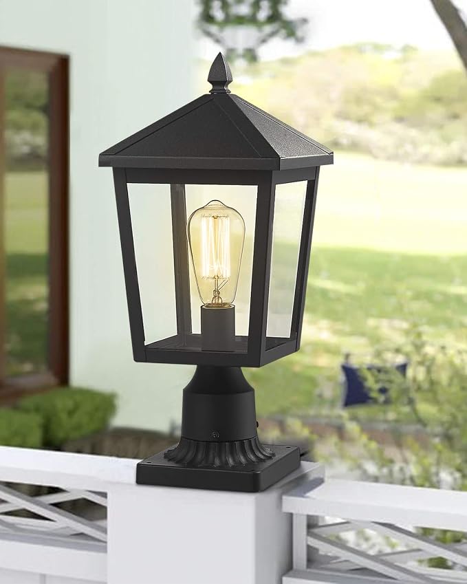zeyu Outdoor Post Light, 16 Inch Exterior Pole Light Pillar Lantern with Clear Glass Shade and Black Finish, 20076P