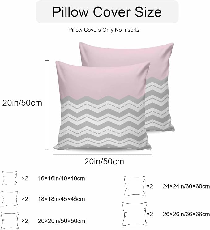 Grey Chevron Waterproof Outdoor Pillow Covers Set of 2 Home Decor, Geometric Pink Print Wavy Striped White Pillowcase Patio Pillow Covers for Couch Bench Furniture Garden 16x16in