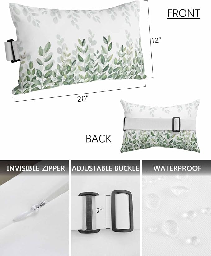 Outdoor Pillows Waterproof Covers Set of 2, Green Eucalyptus Leaf Adjustable Elastic Chaise Lounge Headrest Pillow Covers, Watercolor Leaves Lumbar Pillow for Pool Beach Patio Furniture 20x12 Inch