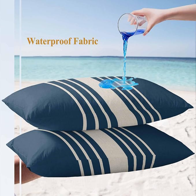 Lumbar Pillow Covers 20x12 Inch Set of 2, Navy Blue Beige Striped Waterproof Outdoor Cushion Covers, Modern Farmhouse Retro Lines Decorative Pillowcases for Couch, Sofa, Bed, Garden, Patio