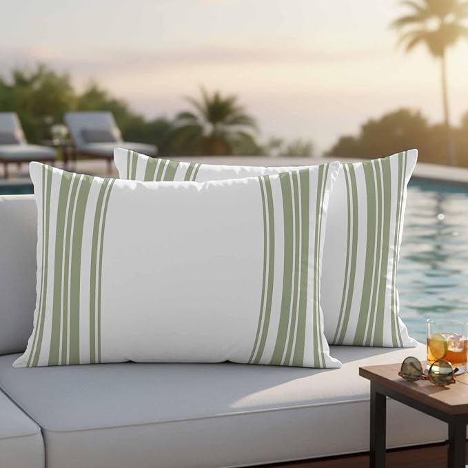 Outdoor Waterproof Throw Pillow Covers Set of 2 Sage Green Stripes Lumbar Pillowcases 20x12 Inches White Vertical Striped Decorative Pillows Cushion Case Patio Pillows for Couch Bed Chair Garden