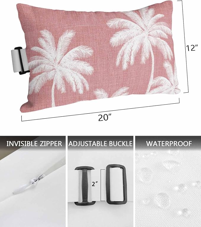 Pack of 4 Outdoor Lumbar Pillow Covers 12x20 Inch, Pink Palm Trees Waterproof Throw Pillow Covers Set, Farmhouse Tropical Summer Beach Indoor&Outdoor Decorative Cushion Cases for Patio Porch Car