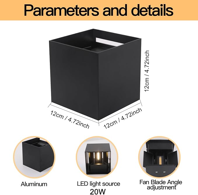 4 Pack LED Outdoor Sconces Wall Lights 20W Exterior/Interior Up and Down Lights IP65 Waterproof Modern Outdoor Lighting Fixtures Square Aluminum Wall Mount Light Black 6500K Cold Lights