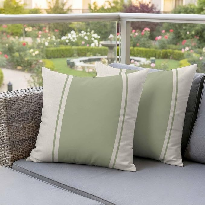 Abstract Gray Green Color Block Outdoor Pillow Covers Set of 2 Vintage Lines Linen Texture Waterproof Throw Pillow Cover Decorative Cushion Cases for Patio Porch Garden 16X16 Inch