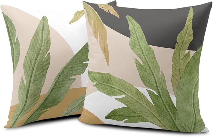2 Pack Green Palm Leaf Spring Summer Pillow Covers 16x16 Inch Banana Leaves Decorative Throw Pillow Covers Brown and White Black Pillowcase Cotton Blend Farmhouse Decor for Chair Bed Car