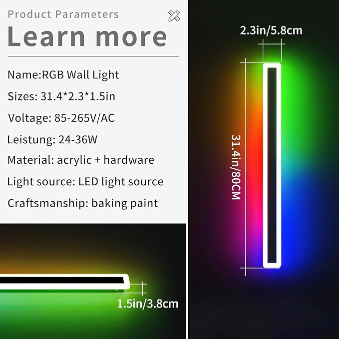 31.4inch Outdoor RGB Long Wall Light, 10 Colour Variations Dimmable Modern LED Wall Sconce, IP65 Waterproof 3000K-6000K Simple Acrylic Exterior Lighting Fixture for Garage, Front Door, Porch, Patio