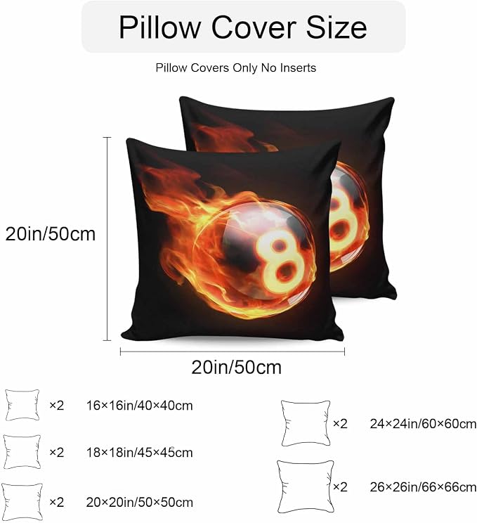 Billiards Outdoor Pillow Covers 20x20 Inch Throw Pillow Covers Set of 2 Waterproof Decorative Pillow Cases Modern Buruning Flame Sport Black Background Cushion Covers for Patio Furniture Garden Couch