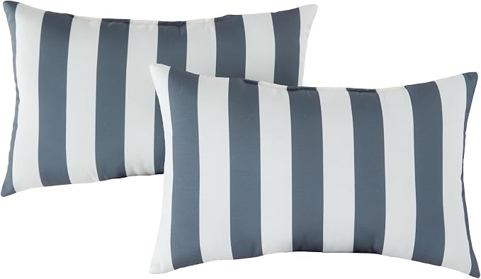 Set of 2 Outdoor Throw Pillows 19 x 12 Inch – Reversible Rectangle Patio Accent Pillows – Weather-Resistant Polyester Fabric – Eco-Friendly Recycled Polyfiber Fill – Canopy Stripe Gray