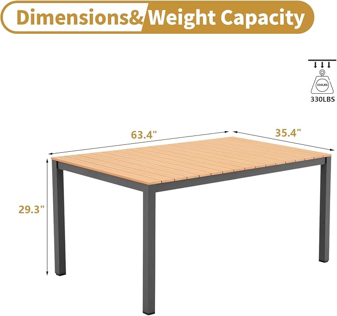 Outdoor Dining Table for 4-6 People Weather-Resistant Rectangle Patio Dining Table with Aluminum Frame for Garden Backyard Porch, Grey