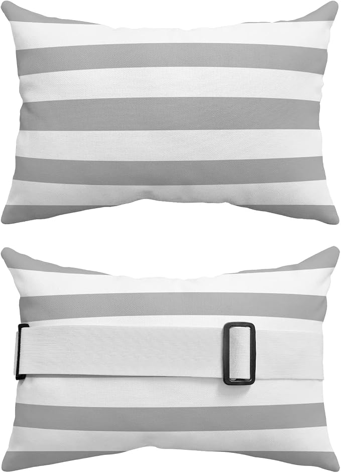 Grey Striped Outdoor Pillows with Insert Classic Grey and White Geometric Waterproof Patio Pillows with Adjustable Strap Rectangle Head Recliner Lounger Chair Throw for Patio Furnitures, 2 Pack