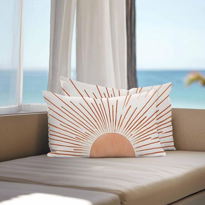 Mid Century Terracotta Sun Lines Outdoor Pillow Covers Set of 2,Decorative Waterproof Throw Pillow Case, Modern Minimal Art Cotton Linen Soft Cozy Cushion Pillowcases