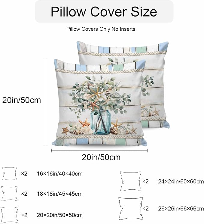 Green Eucalyptus Waterproof Outdoor Pillow Covers Set of 2 Home Decor, Botanical Floral Starfish in Vase Pillowcase Patio Pillow Covers for Couch Bench Furniture Garden 20x20in