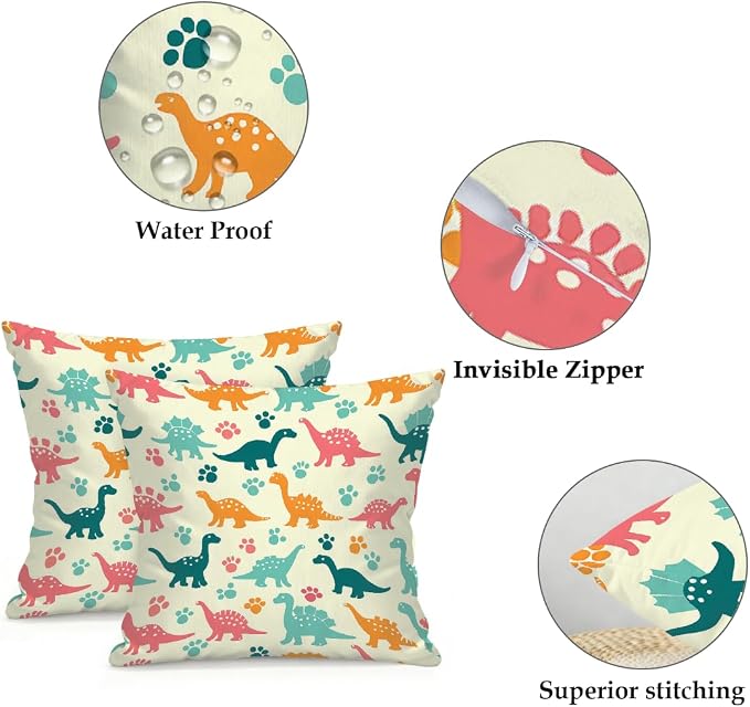 18x18 Inch Outdoor Pillow Covers Set of 2 Waterproof Throw Pillow Covers Decorative Couch Cushion Covers Colorful Dinosaurs Footprint Square Pillowcases Protectors for Patio Garden Sofa