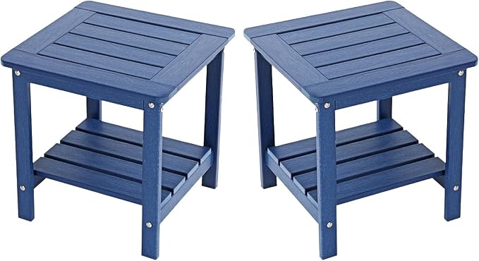 Kibaso-Adirondack Outdoor Side Table, 2-Tier HDPE Outdoor End Table, Weather Resistant Easy Maintenance, Small Patio Side Table for Patio, Pool, Porch, Garden, Lawn, and Living Room (2, Blue)