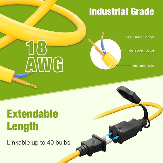 YXL 8000LM 65W Construction String Lights, 50FT Industrial String Work Lights, IP65 Waterproof Super Bright for Construction Sites Temporary Work Jobsites Outdoor Lighting