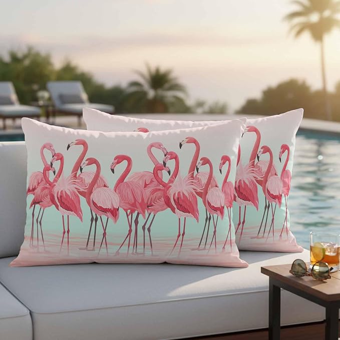 Outdoor Pillow Covers,Flamingo Bird on Gradient Background Decorative Throw Pillow Cover Waterproof Pillowcase Set of 2,Linen Cushion Case for Sofa Couch Bed 20x12 Inch,Tropical Pink Animals