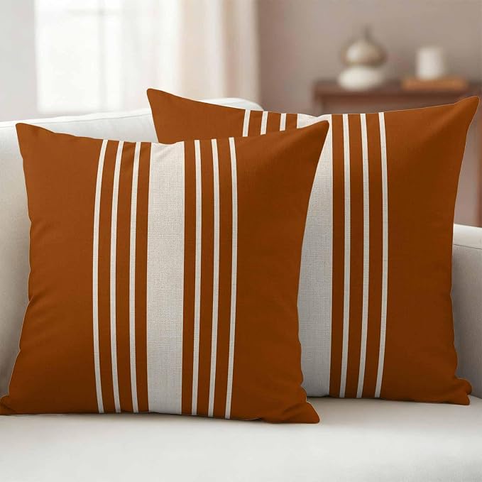 Burnt Orange Beige Striped Outdoor Pillow Covers 16x16 Inch Throw Pillow Covers Set of 2 Waterproof Decorative Pillow Cases Modern Farmhouse Retro Lines Cushion Covers for Patio Furniture Garden Couch