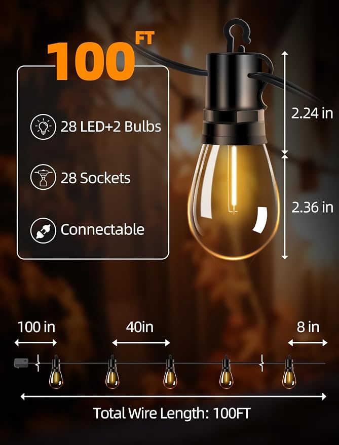Outdoor Patio String Lights: S14 Shatterproof Bulb Outside Waterproof Light - 100FT 30M Remote Dimmable Connectable Hanging Outdoor Electric Lighting - Garden Backyard Yard Gazebo Porch Party