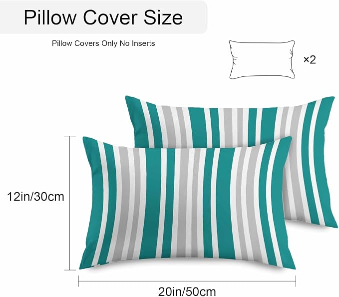 Teal Grey Stripe Outdoor Pillow Covers 20x12 Inch Lumbar Pillow Covers Set of 2 Waterproof Decorative Throw Pillow Cases Farmhouse Minimalist Striped Cushion Covers for Patio Furniture Garden Couch