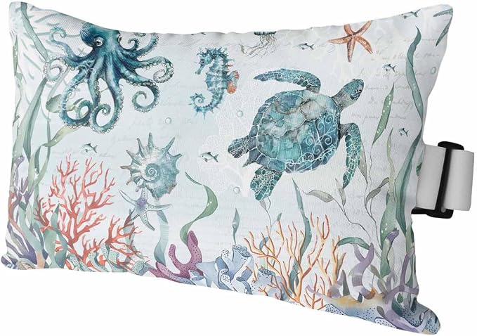 Sea Turtle Outdoor Pillows with Insert 12x20 Inch Marine Life Coral Shell Starfish Octopus Ocean Waterproof Headrest Pillows with Adjustable Strap Lounger Chair Throw for Patio Furnitures , 1 Pack