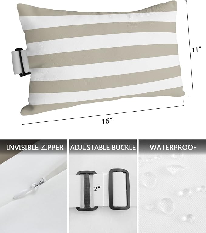 T&H XHome Outdoor Pillow for Chaise Lounge Chair, Beige and White Stripe Waterproof Headrest Pillow Lumbar Pillows with Adjustable Elastic Strap for Beach, Poolside, Patio, Office (1 Pack)