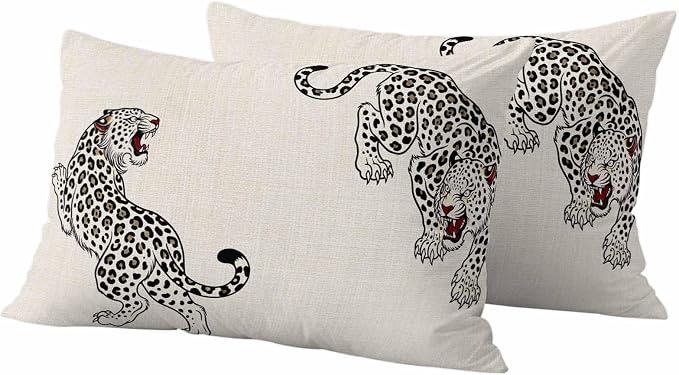 Vandarllin Outdoor Throw Pillows Covers 20x12 inch Set of 2 Waterproof Linen Leopard Decorative Zippered Cushion Covers for Patio Furniture, Bohemian Animal Print Lumbar Pillowcases