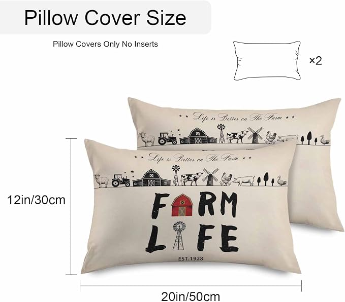 Outdoor Throw Pillows Covers 20x12 inch Set of 2 Waterproof Farm Life Decorative Zippered Cushion Covers for Patio Furniture, Retro Farmhouse Red Barn Windmill Cow Chicken Tractors Lumbar Pillowcases