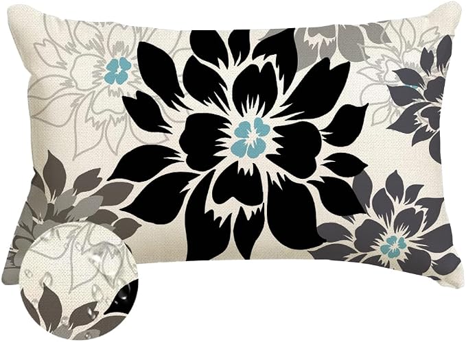 Waterproof Black and Gray Dahlia Floral Outdoor Pillow Covers 12x20 Inch, Decorative Spring Summer Cushion Cases for Living Room Sofa Patio Garden Porch
