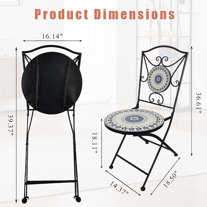 Folding Patio Chairs Set of 2 Mosaic Bistro Chair Outdoor Seating | Garden Patio Furniture Seating Heavy Duty Metal Frame Dining Chairs for Lawn Yard Balcony Porch Backyard Poolside