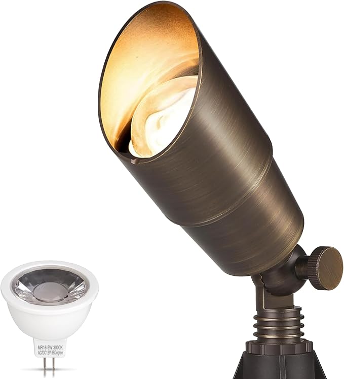 Gardencoin Solid Brass Outdoor Landscape Spotlights, 12V Heavy Duty Low Voltage LED Spot Light Waterproof for Garden and Yard Up Lighting, Bronze Accent Lighting Fixture, with 2700K MR16 Bulb 1 Pack
